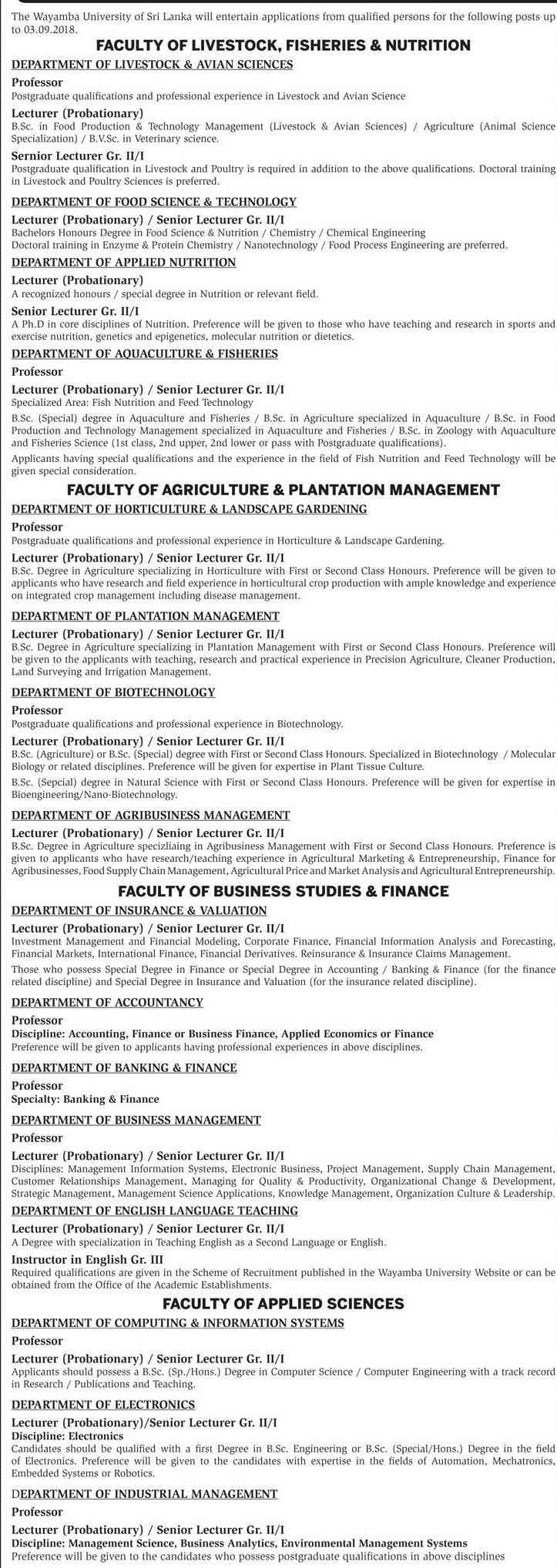 Professor, Lecturer, Senior Lecturer, Instructor, University Medical Officer - Wayamba University of Sri Lanka